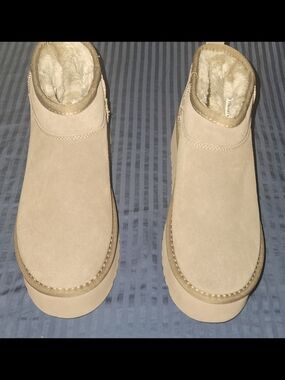 Faux Suede Fleece-Lined Ankle Booties - Beige Project Cloud Size 10